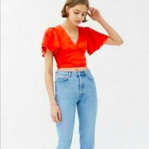 UO Webster Jacquard Flutter Sleeve Top Urban Outfitters Red Smocked